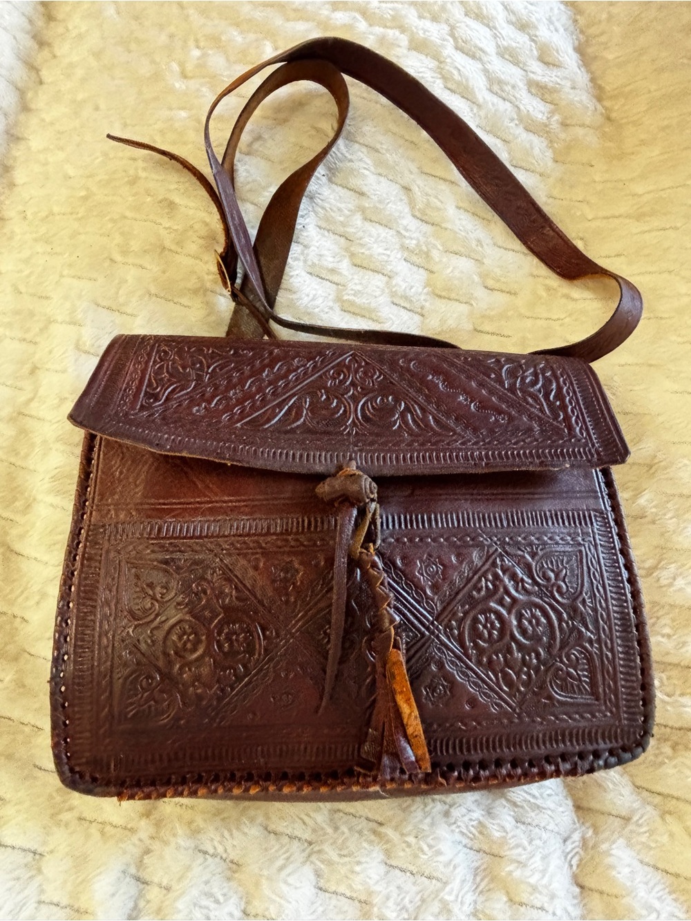 Vintage Moroccan Tooled Leather Crossbody Flap Bag